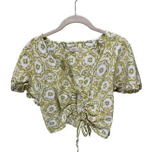Pilcro Top Womens S Green Medallion Tile Ruched Front Linen Blend Cropped Boho